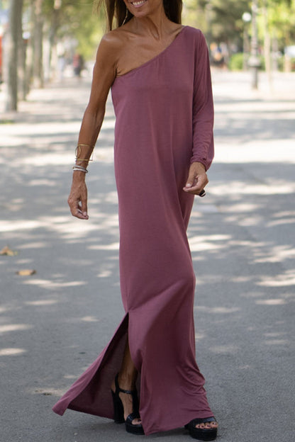 Vestidos casuales de moda con cuello oblicuo liso y falda de un solo paso (3 colores)