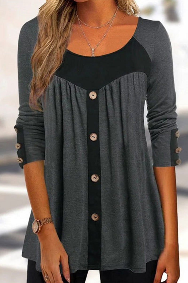Tops casuales de cuello redondo con contraste de patchwork para uso diario (3 colores)