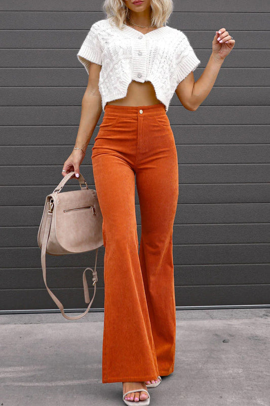 Pantalones casuales sexis de calle con bolsillos sólidos, corte de bota, cintura media, pierna ancha y parches