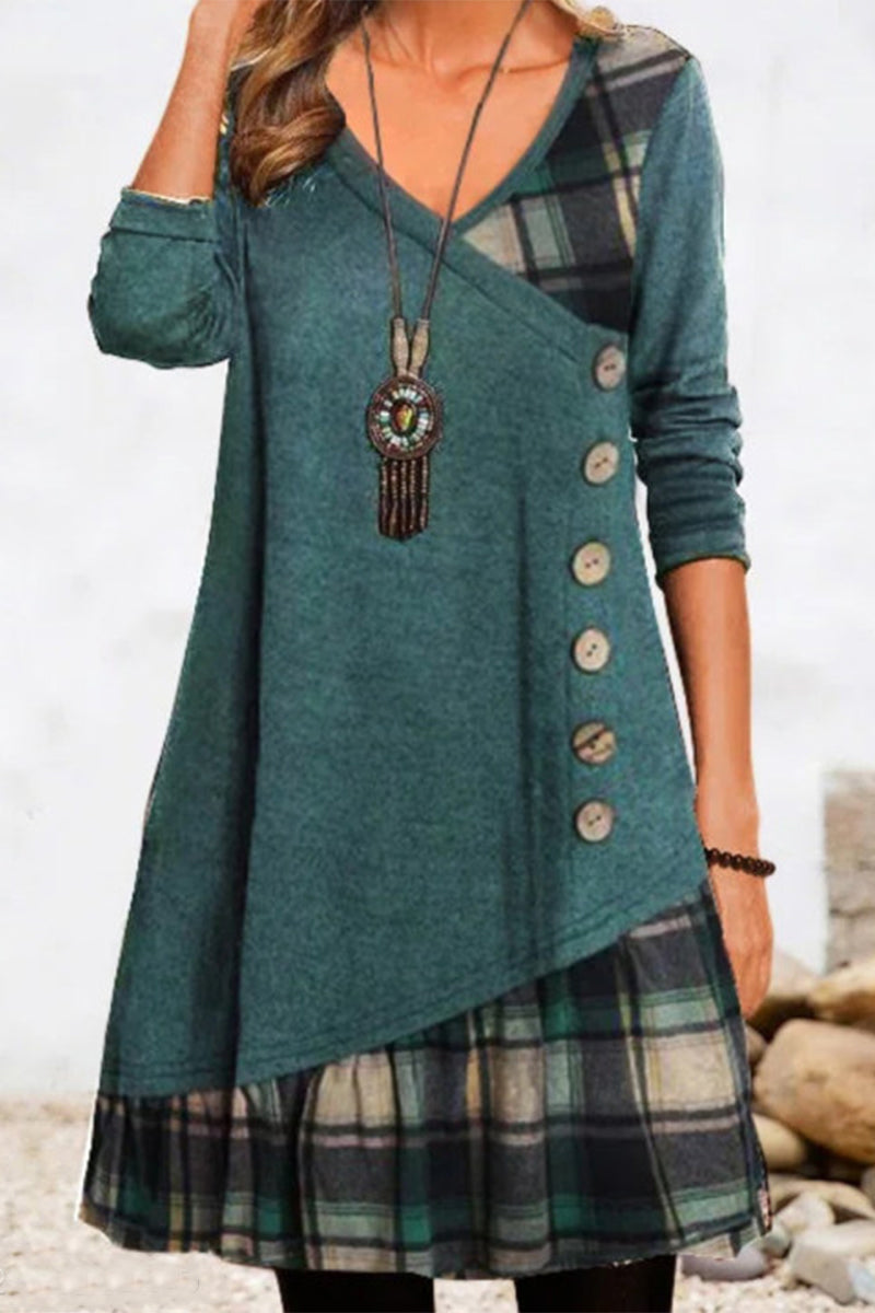 Vestidos casuales de cuadros con botones y patchwork, cuello en V y corte A