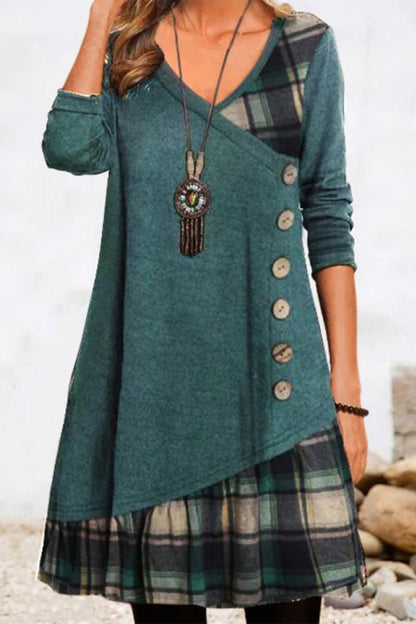 Vestidos casuales de cuadros con botones y patchwork, cuello en V y corte A