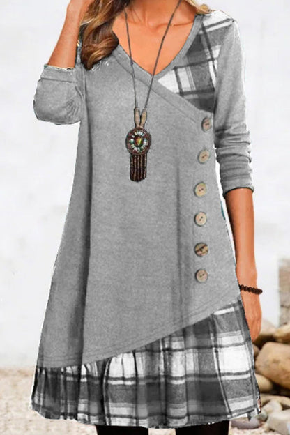 Vestidos casuales de cuadros con botones y patchwork, cuello en V y corte A