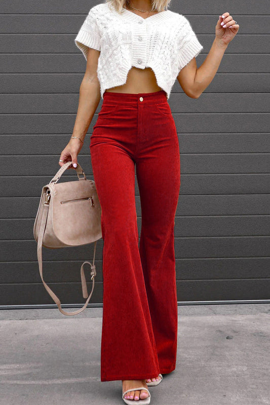 Pantalones casuales sexis de calle con bolsillos sólidos, corte de bota, cintura media, pierna ancha y parches (4 colores)