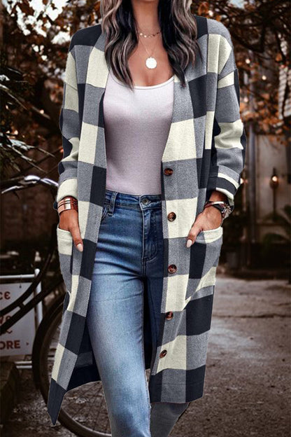 Chaqueta de punto informal con cuello tipo cárdigan, elegante, a rayas y cuadros, con bolsillos (4 colores)