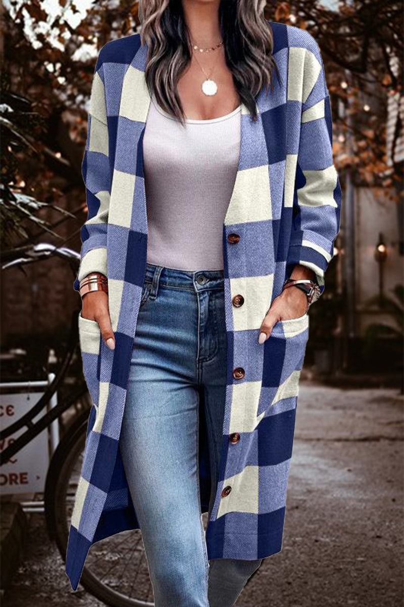 Chaqueta de punto informal con cuello tipo cárdigan, elegante, a rayas y cuadros, con bolsillos (4 colores)