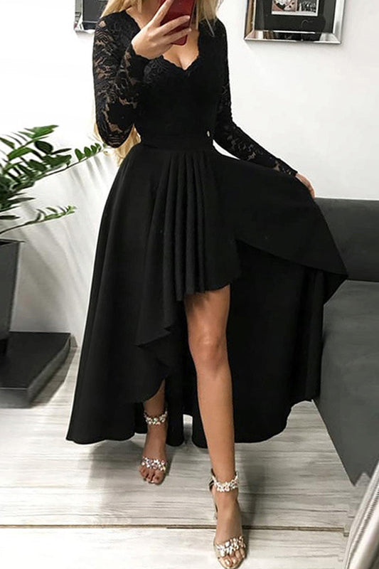Vestidos elegantes de celebridades con encaje de patchwork, color sólido, escote en V, línea A (3 colores)