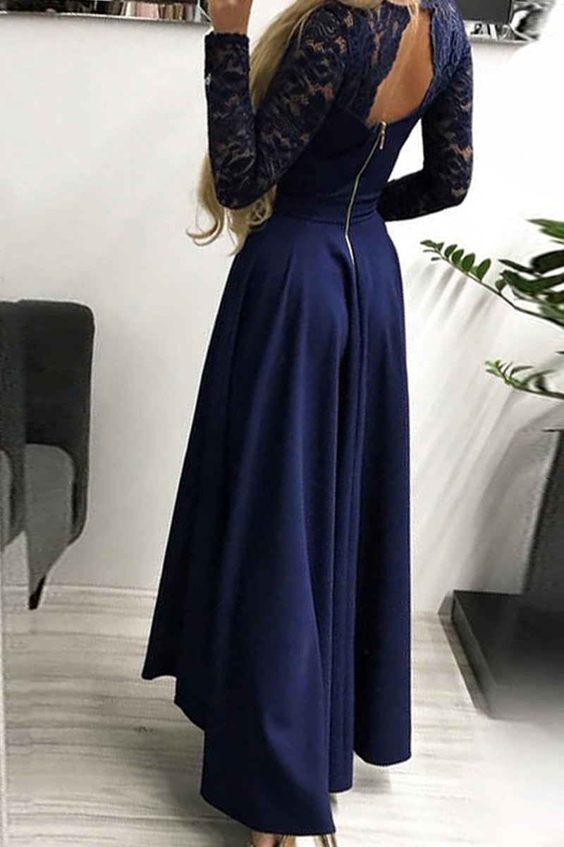 Vestidos elegantes de celebridades con encaje de patchwork, color sólido, escote en V, línea A (3 colores)