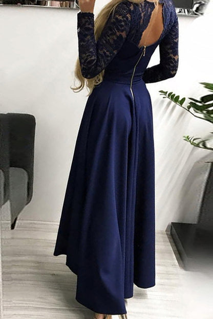 Vestidos elegantes de celebridades con encaje de patchwork, color sólido, escote en V, línea A (3 colores)