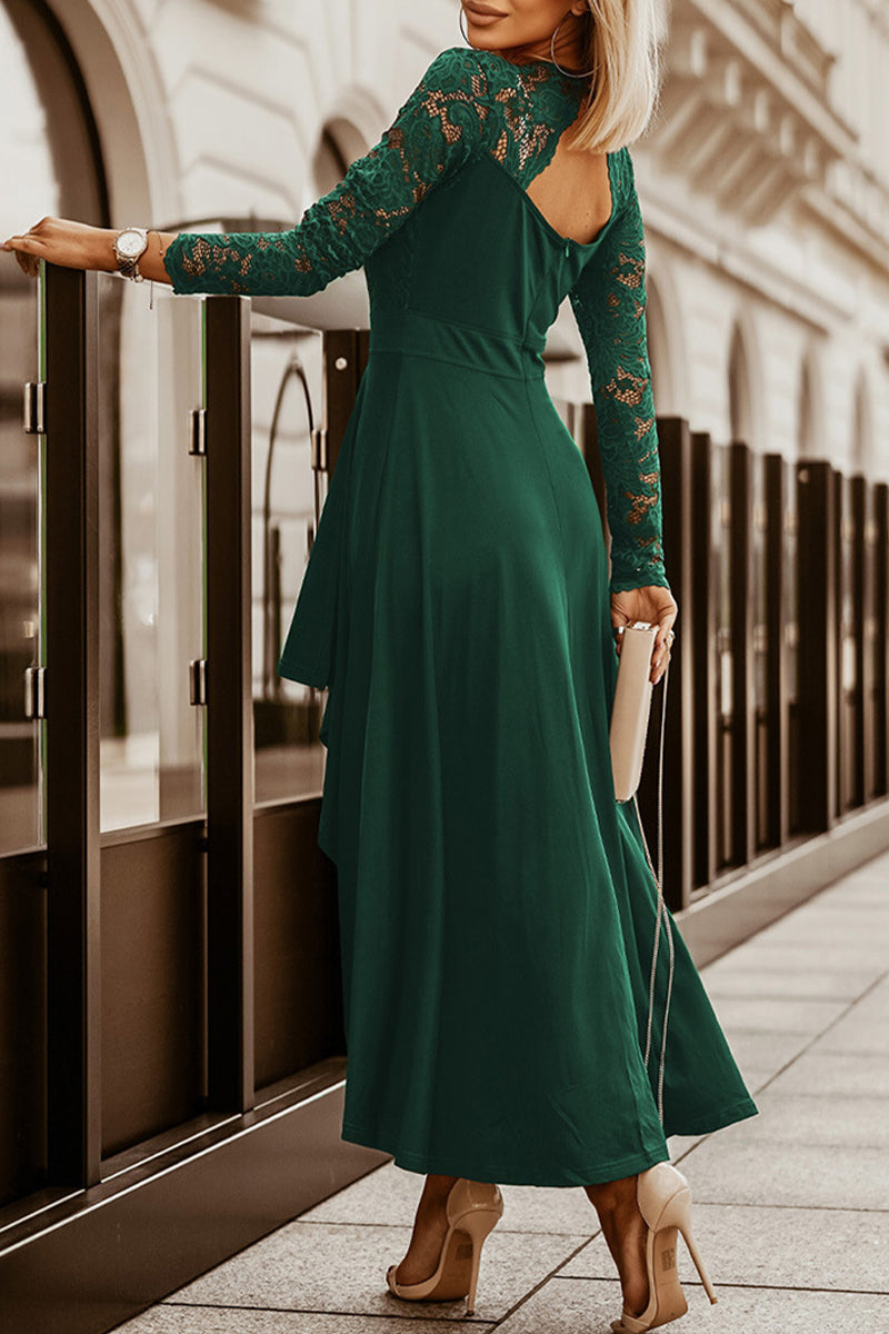 Vestidos elegantes de celebridades con encaje de patchwork, color sólido, escote en V, línea A (3 colores)