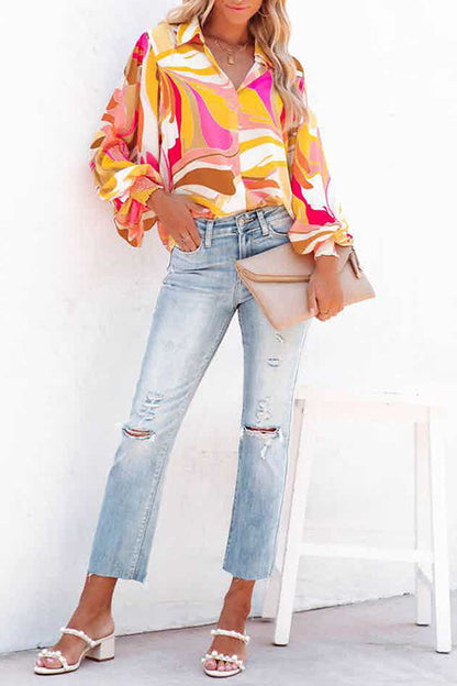 Tops casuales con cuello vuelto, hebilla y patchwork con estampado