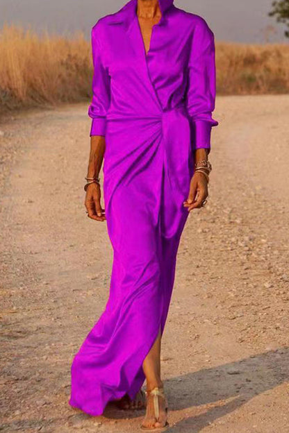 Vestido camisero informal de cuello vuelto con parches y vendaje liso (5 colores)