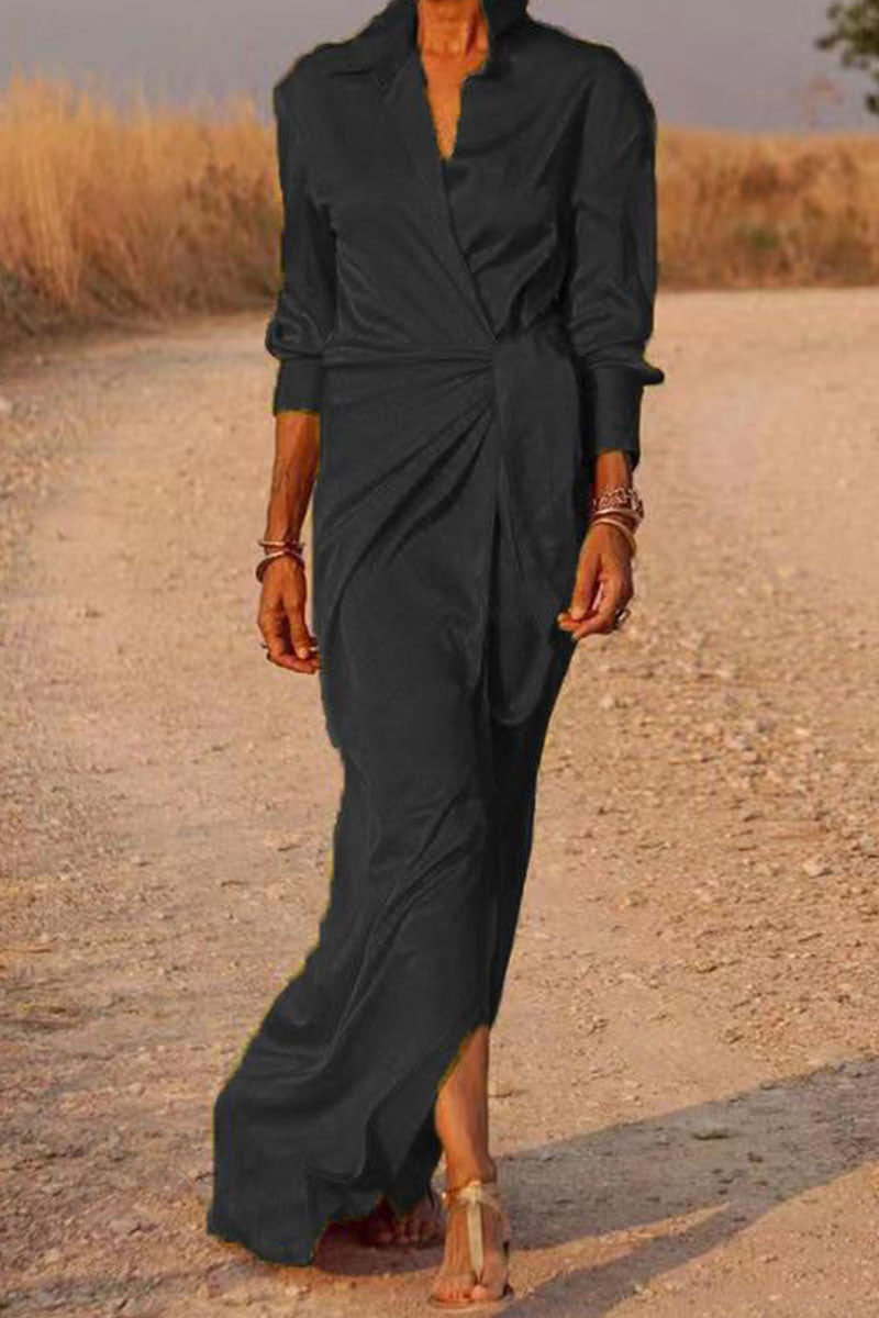 Vestido camisero informal de cuello vuelto con parches y vendaje liso (5 colores)