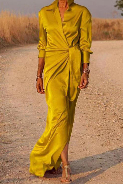 Vestido camisero informal de cuello vuelto con parches y vendaje liso (5 colores)