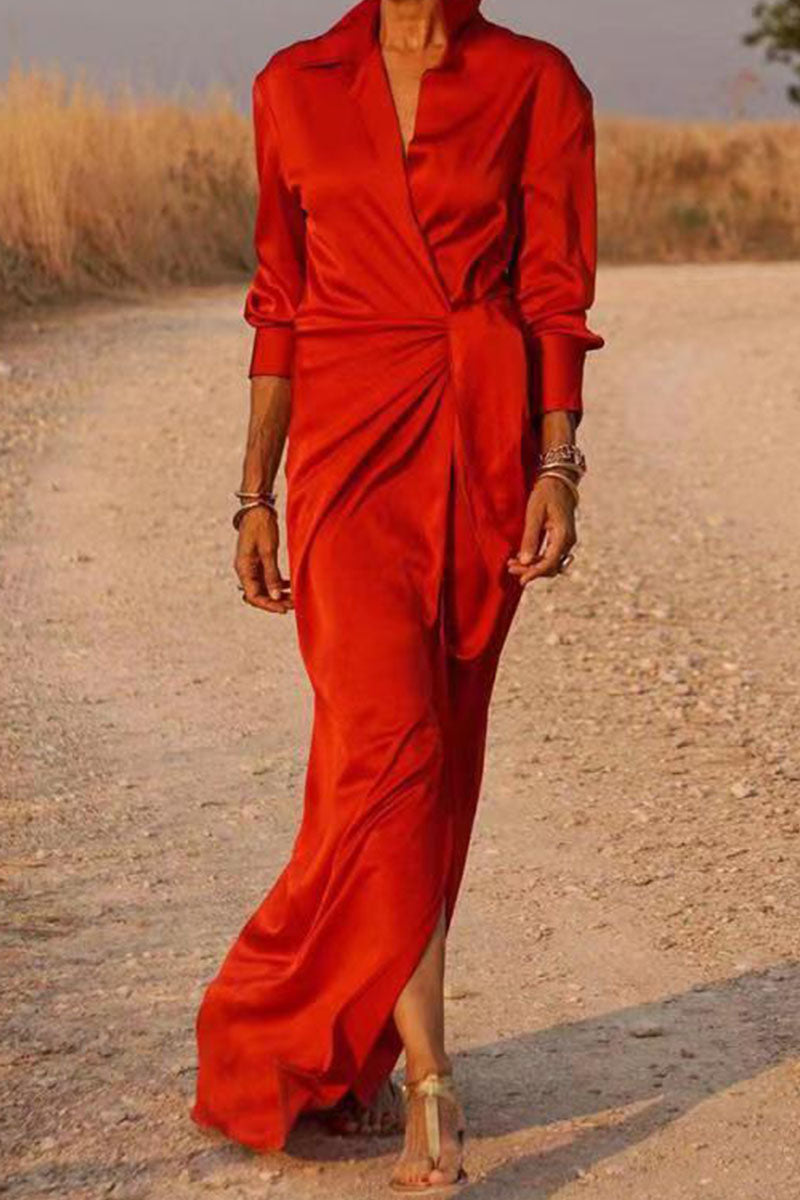Vestido camisero informal de cuello vuelto con parches y vendaje liso (5 colores)