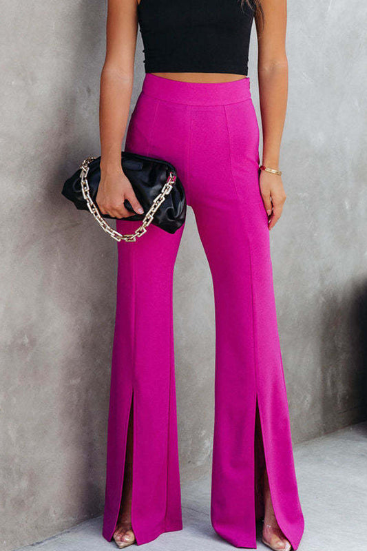 Pantalones casuales de corte de bota, cintura alta, pierna ancha, color liso