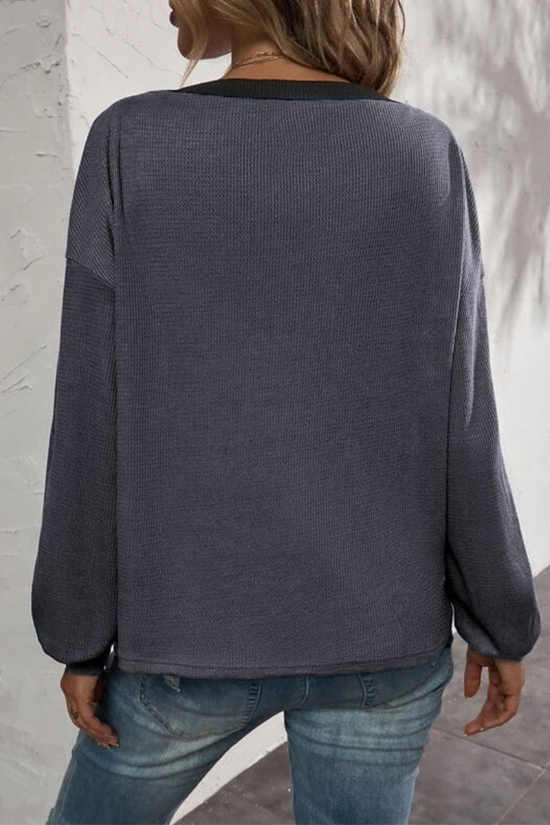 Camisetas casuales de cuello en V con botones y patchwork liso (7 colores)