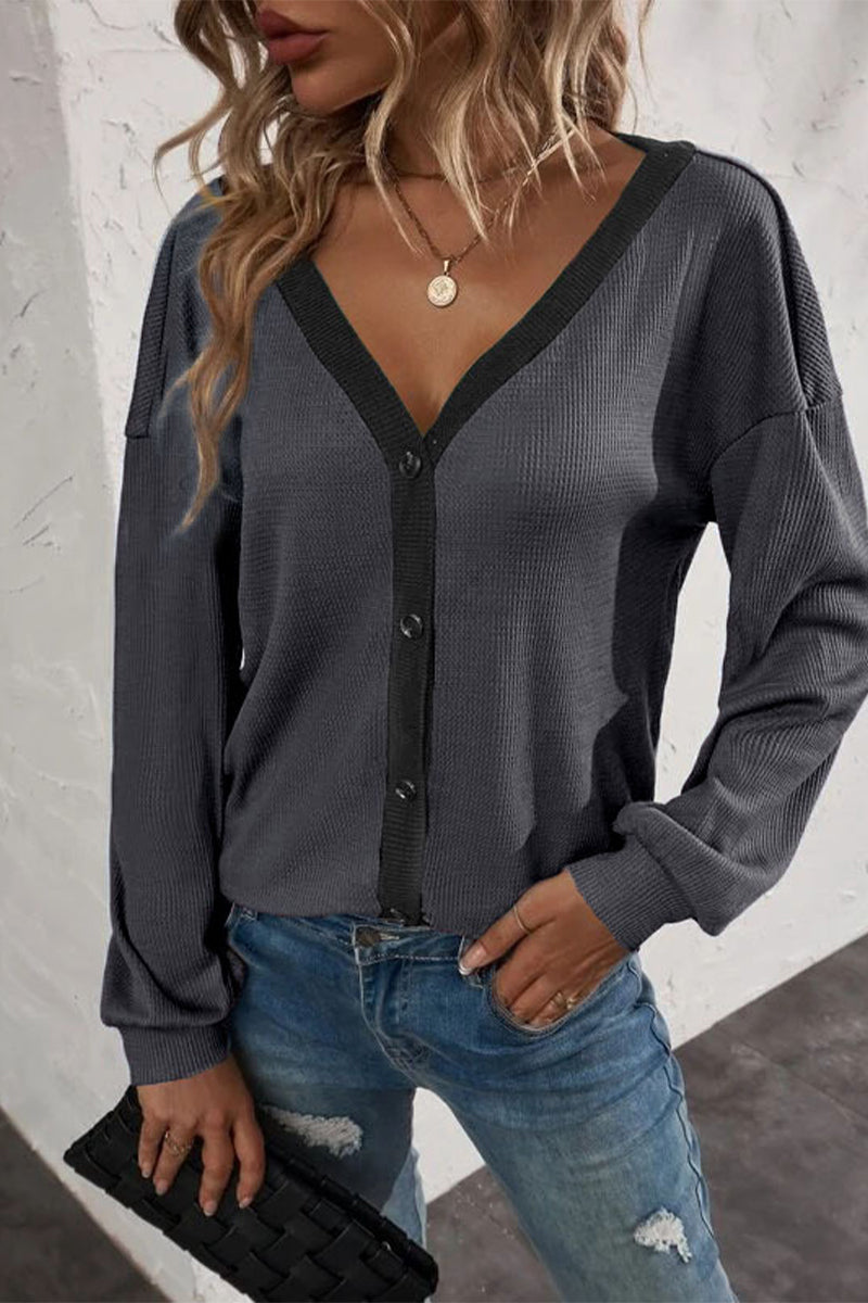 Camisetas casuales de cuello en V con botones y patchwork liso (7 colores)