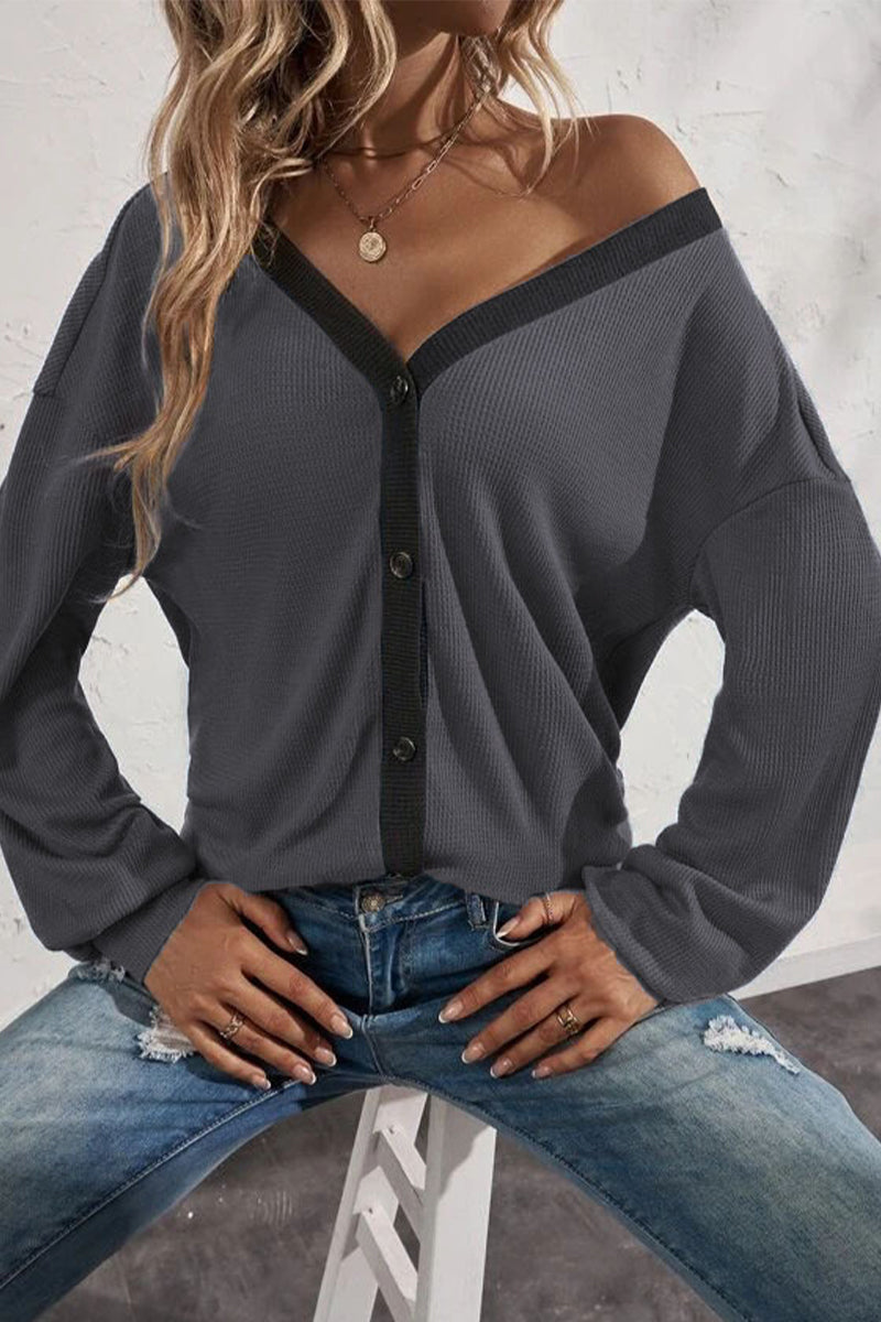 Camisetas casuales de cuello en V con botones y patchwork liso (7 colores)