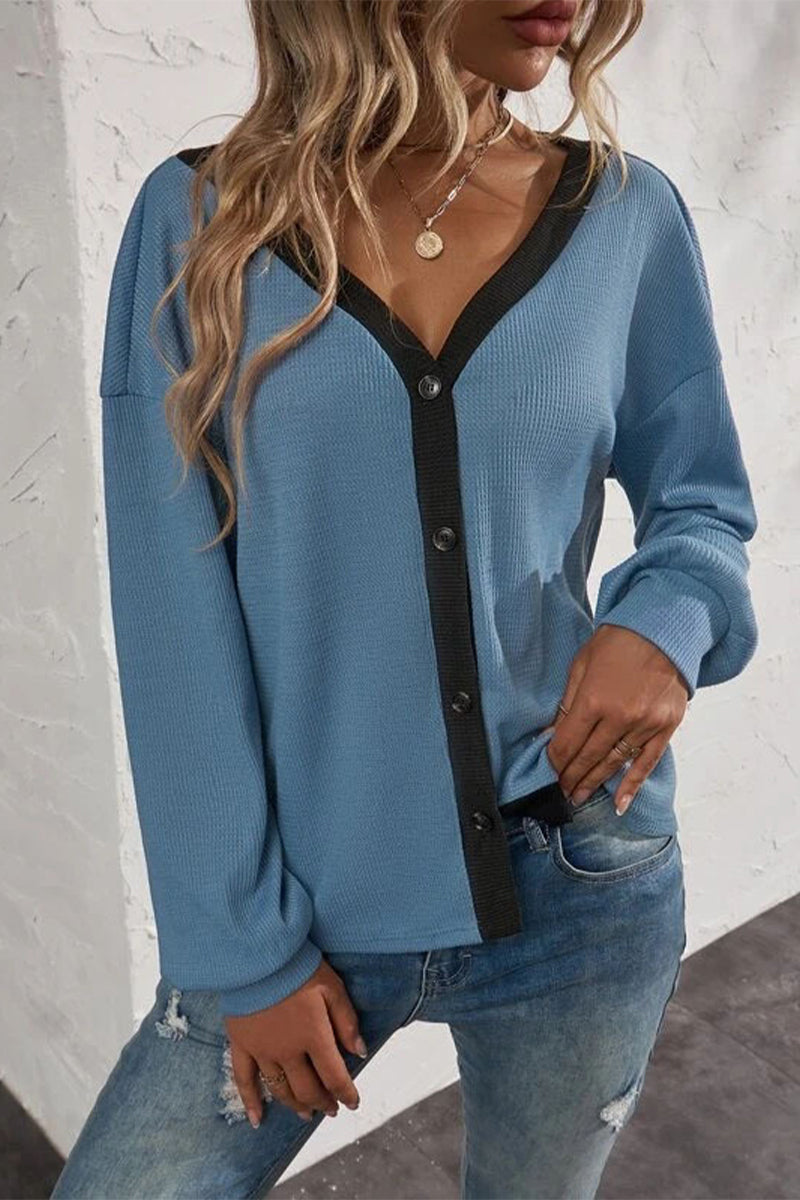 Camisetas casuales de cuello en V con botones y patchwork liso (7 colores)