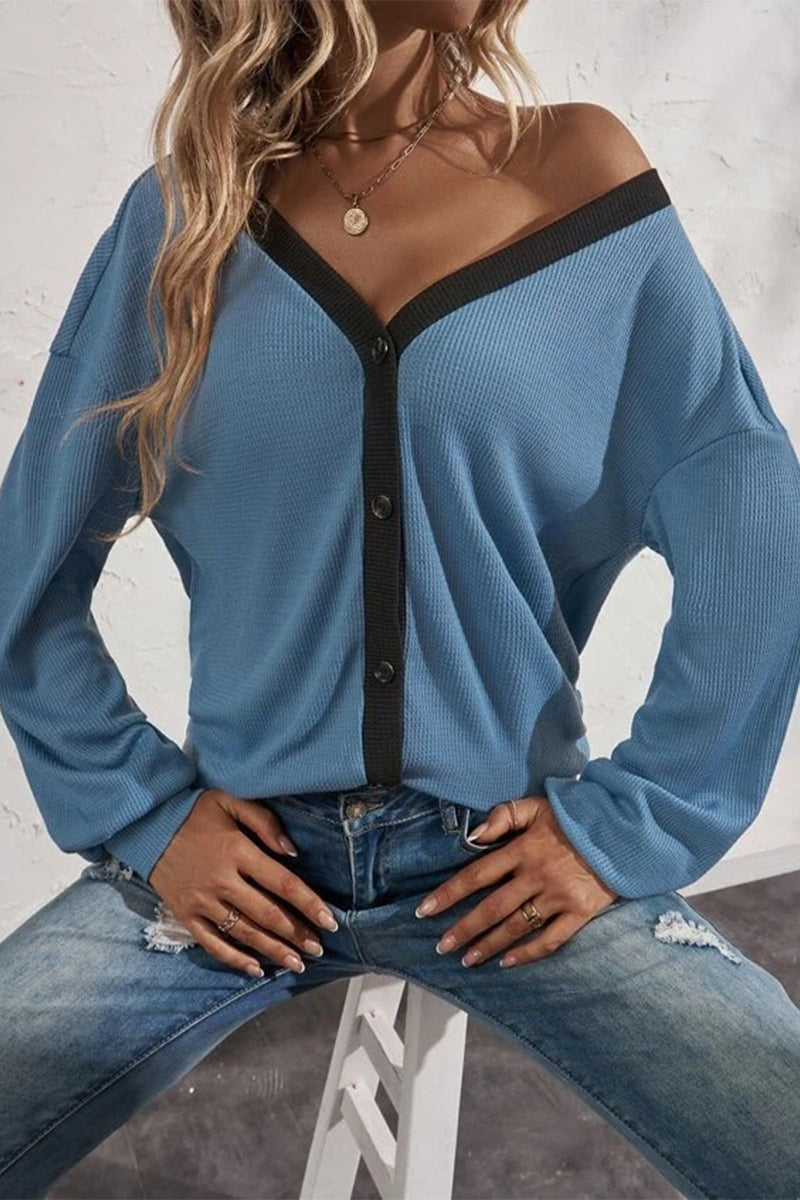 Camisetas casuales de cuello en V con botones y patchwork liso (7 colores)