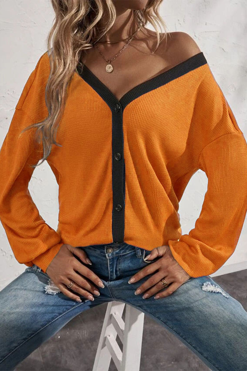 Camisetas casuales de cuello en V con botones y patchwork liso (7 colores)