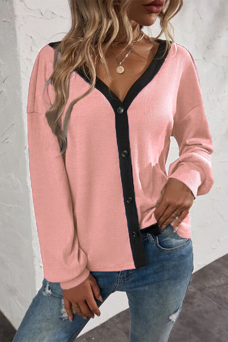Camisetas casuales de cuello en V con botones y patchwork liso (7 colores)