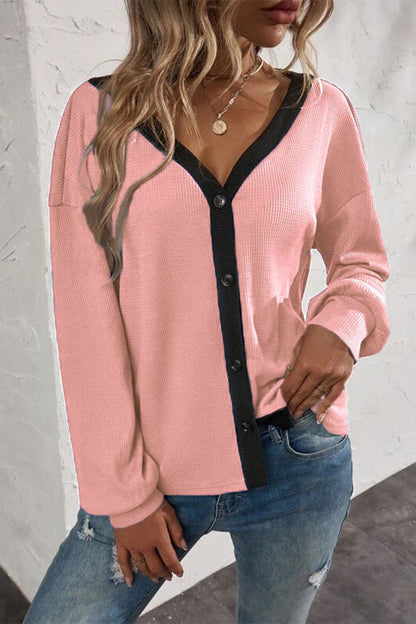Camisetas casuales de cuello en V con botones y patchwork liso (7 colores)