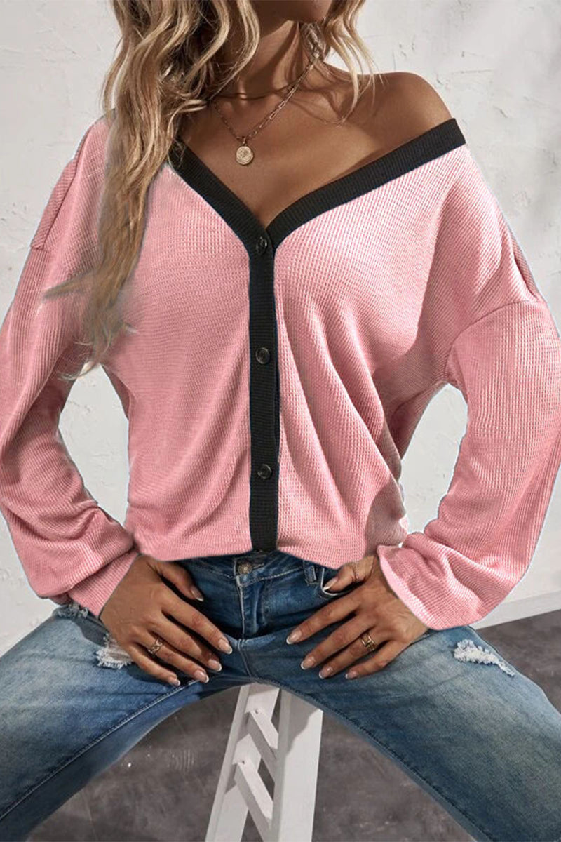 Camisetas casuales de cuello en V con botones y patchwork liso (7 colores)