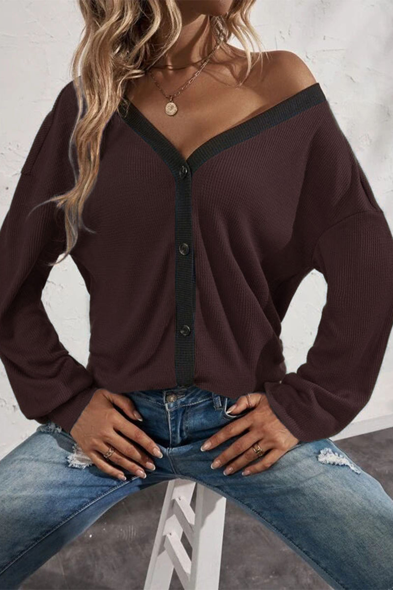 Camisetas casuales de cuello en V con botones y patchwork liso (7 colores)