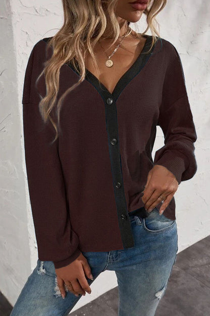 Camisetas casuales de cuello en V con botones y patchwork liso (7 colores)