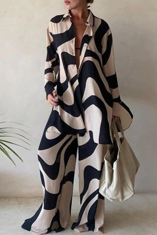 Conjunto de dos piezas con cuello vuelto, manga larga y estampado informal (5 colores)