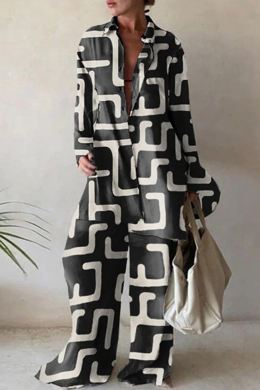 Conjunto de dos piezas con cuello vuelto, manga larga y estampado informal (5 colores)