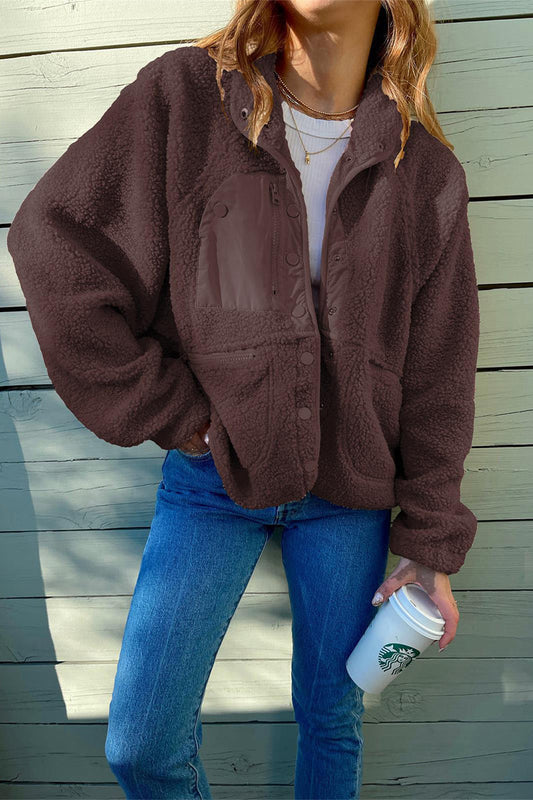 Prenda exterior informal de cuello mandarín con bolsillos y parches lisos (2 colores)