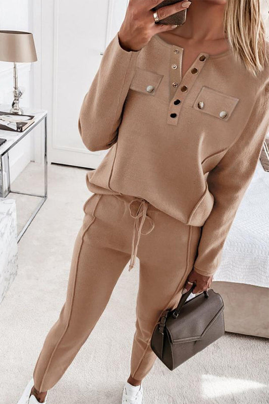 Conjunto informal de dos piezas con cuello en V y manga larga con hebilla (2 colores)