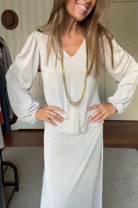 Conjunto casual de dos piezas con cuello en V, manga larga y color liso