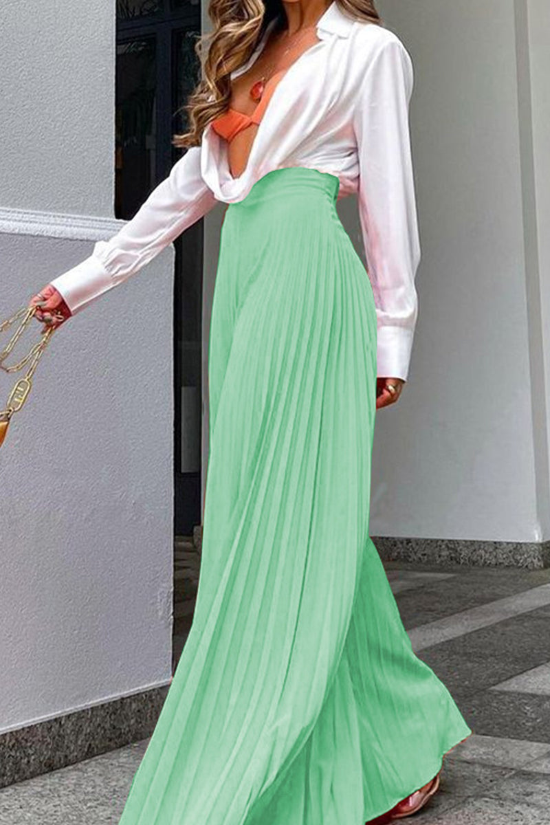 Pantalones de calle lisos, sueltos, de cintura alta, con pierna ancha y pliegues, de color liso