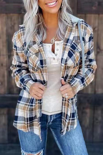 Blusas con cuello y capucha de patchwork a cuadros urbanos