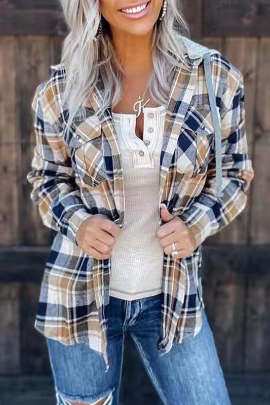 Blusas con cuello y capucha de patchwork a cuadros urbanos