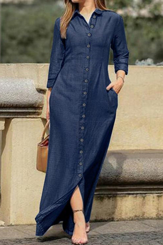 Elegante vestido vaquero holgado de manga larga con cuello vuelto y hebilla sólida (3 colores)