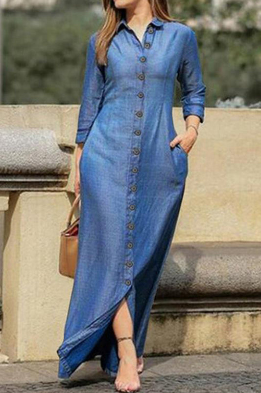 Elegante vestido vaquero holgado de manga larga con cuello vuelto y hebilla sólida (3 colores)