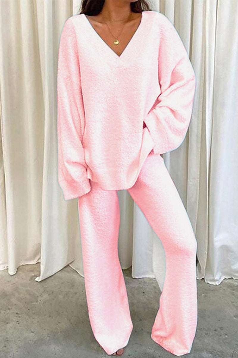 Conjunto casual de dos piezas con escote en V y color liso