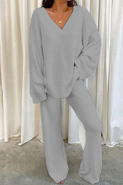 Conjunto informal holgado de dos piezas con escote en V en color liso (5 colores)
