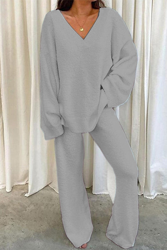 Conjunto informal holgado de dos piezas con escote en V en color liso (5 colores)