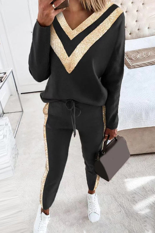 Conjunto informal de dos piezas con cuello en V, manga larga y parches lisos (4 colores)