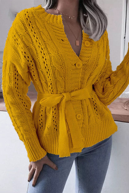 Cárdigan informal con cuello tipo cárdigan, hebilla ahuecada, color sólido y cinturón