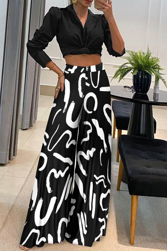 Conjunto de dos piezas con cuello vuelto, manga larga y estampado casual de patchwork