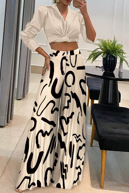 Conjunto de dos piezas con cuello vuelto, manga larga y estampado casual de patchwork