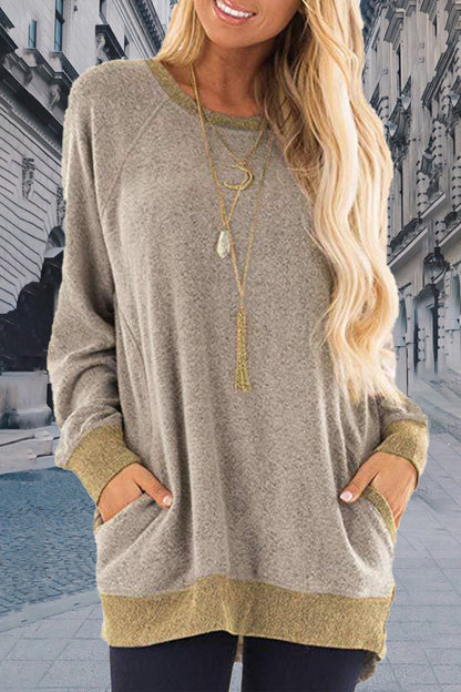 Sudadera informal, elegante y con cuello redondo y contraste sólido (11 colores)