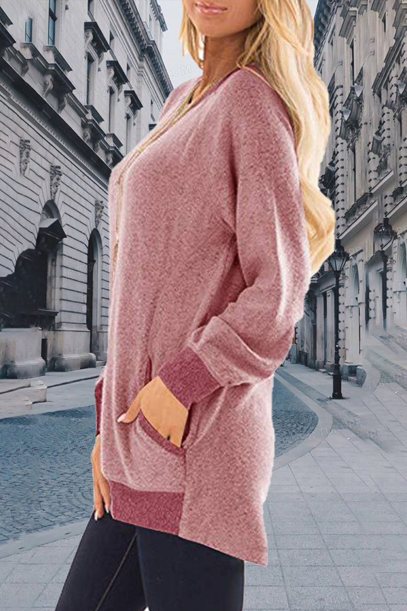 Sudadera informal, elegante y con cuello redondo y contraste sólido (11 colores)