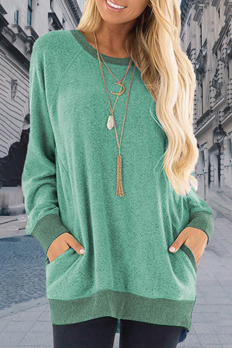 Sudadera informal, elegante y con cuello redondo y contraste sólido (11 colores)